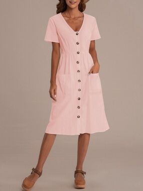 Merokeety Casual Short Sleeve V-Neck Button Down Midi Dress with Pockets sz M